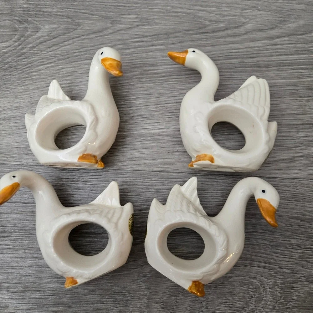 White Goose Napkin Rings Set 4 Vintage Ceramic Japan Cottagecore 80s